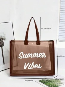 大型海灘袋字母印花無閉合雙把手pvc時尚書包,適合畢業生,十幾歲少女,大學專科大學和高中新生,大二大三大四,非常適合戶外,旅行和開學節假日包,假期必備,適合夏季度假。 - 咖啡棕 - 查看 5