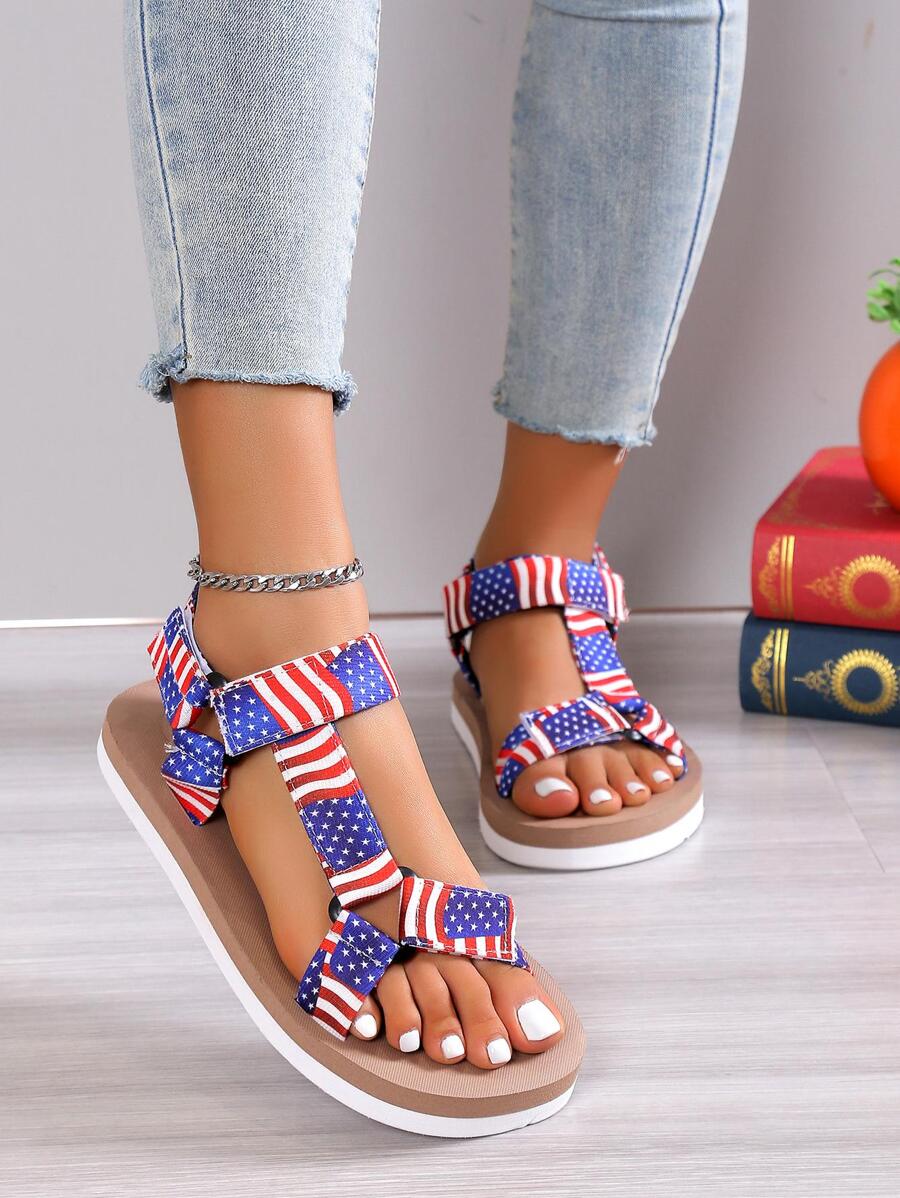 Xăng đan đế xuồng in hình ngôi sao và sọc nữ, Xăng đan thời trang - Màu xanh lam - Xem 1