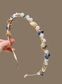 1入組女士珍珠和貝殼和水鑽裝飾時尚髮箍適用於頭髮裝飾用品 - 金色 - 查看 3