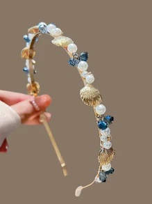 1入組女士珍珠和貝殼和水鑽裝飾時尚髮箍適用於頭髮裝飾用品 - 金色 - 查看 5