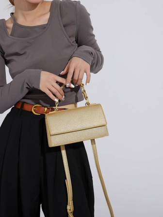 迷你方包時尚前衛金色壓花帶可調整肩帶
