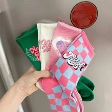 5雙/組女士中筒美式復古運動時尚愛心襪,可愛卡通字母印花 - 彩色 - 查看 5