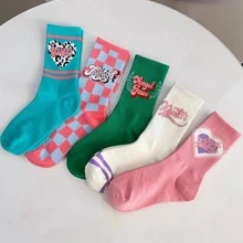 5雙/組女士中筒美式復古運動時尚愛心襪,可愛卡通字母印花 - 彩色 - 查看 7
