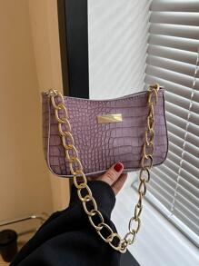 時尚法棍包鱷魚壓紋拉鍊PU皮革 - 紫色 - 查看 4