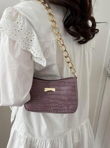 時尚法棍包鱷魚壓紋拉鍊PU皮革 - 紫色 - 查看 3