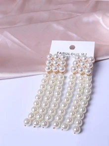 1 Đôi Bông Tai Vintage Châu Âu Và Châu Mỹ Phóng Đại Hình Vuông Hợp Kim Khảm Ngọc Trai Tua Rua Trực Tuyến - Màu be - Xem 3