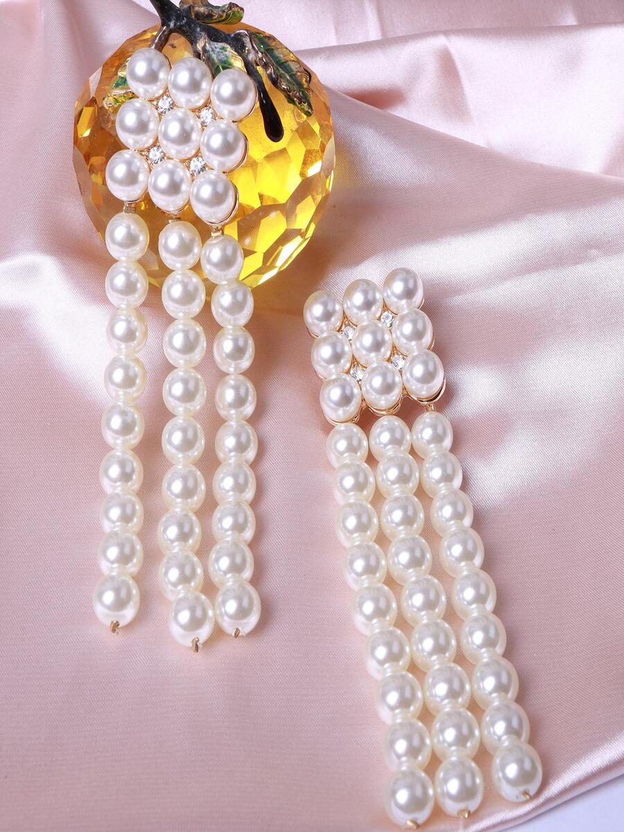 1 Đôi Bông Tai Vintage Châu Âu Và Châu Mỹ Phóng Đại Hình Vuông Hợp Kim Khảm Ngọc Trai Tua Rua Trực Tuyến - Màu be - Xem 1