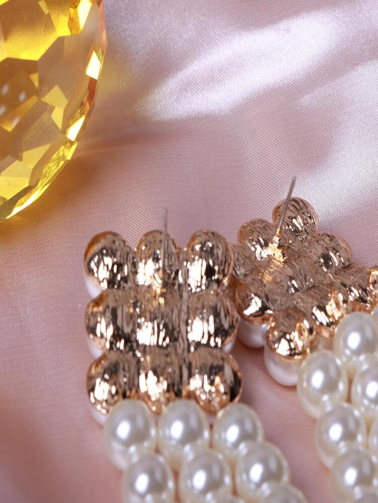 1 Đôi Bông Tai Vintage Châu Âu Và Châu Mỹ Phóng Đại Hình Vuông Hợp Kim Khảm Ngọc Trai Tua Rua Trực Tuyến - Màu be - Xem 5