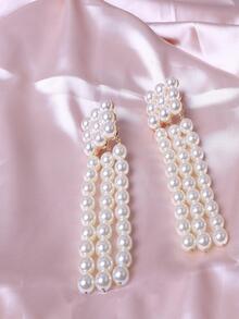 1 Đôi Bông Tai Vintage Châu Âu Và Châu Mỹ Phóng Đại Hình Vuông Hợp Kim Khảm Ngọc Trai Tua Rua Trực Tuyến - Màu be - Xem 4