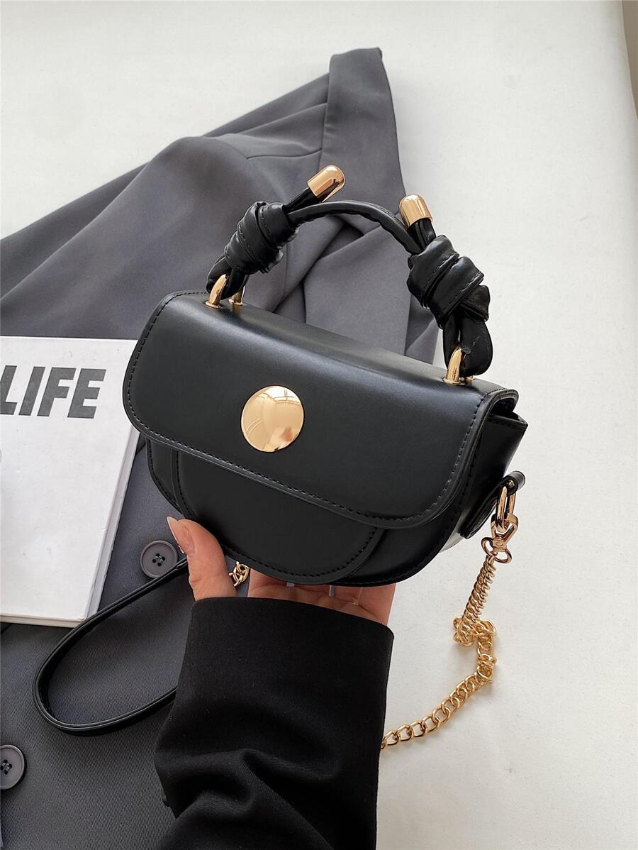 Mini Saddle Bag Solid Color Flap Knot Decor Top Handle PU Fashionable - Black - View 1