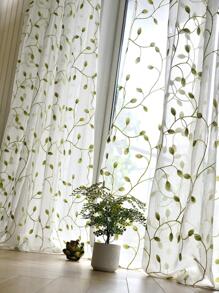1pc Transparent Leaf Pattern Embroidered Sheer Curtain, American Farmhouse Polyester 3D Embroidered Voile Curtain Panel For Living Room - Green - View 4