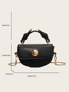 Mini Saddle Bag Solid Color Flap Knot Decor Top Handle PU Fashionable - Black - View 2
