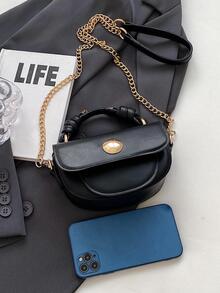 Mini Saddle Bag Solid Color Flap Knot Decor Top Handle PU Fashionable - Black - View 6