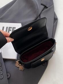 Mini Saddle Bag Solid Color Flap Knot Decor Top Handle PU Fashionable - Black - View 7