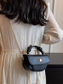Mini Saddle Bag Solid Color Flap Knot Decor Top Handle PU Fashionable - Black - View 5