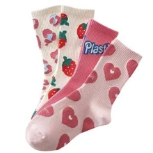 4pairs Strawberry Print Crew Socks - Multicolor - View 3