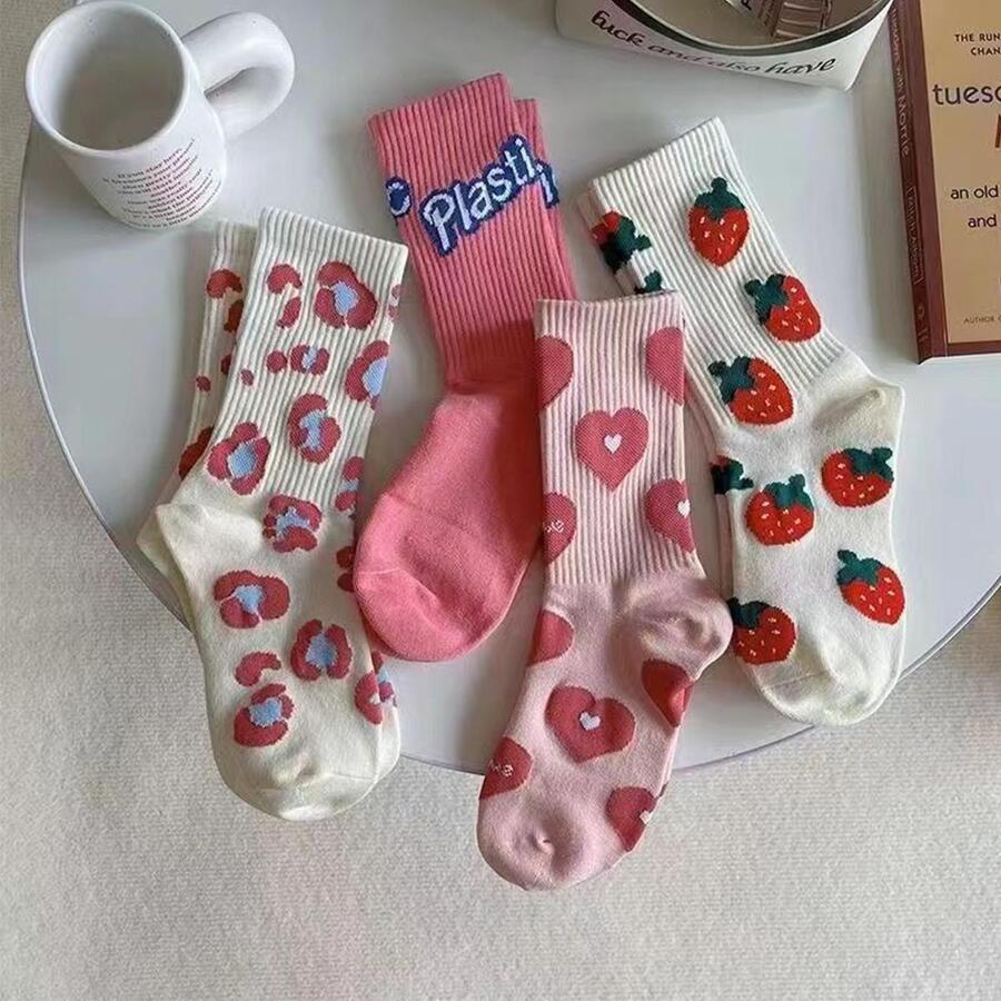 4pairs Strawberry Print Crew Socks - Multicolor - View 1