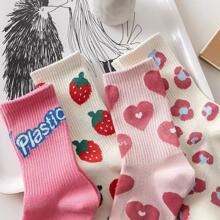 4pairs Strawberry Print Crew Socks - Multicolor - View 6