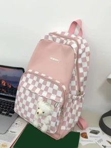 時尚經典背包熊裝飾棋盤格圖案拉鍊可調整肩帶 - 粉色 - 查看 4