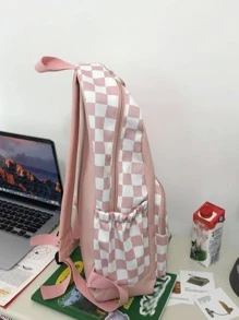時尚經典背包熊裝飾棋盤格圖案拉鍊可調整肩帶 - 粉色 - 查看 5