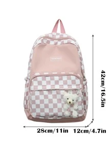 時尚經典背包熊裝飾棋盤格圖案拉鍊可調整肩帶 - 粉色 - 查看 3