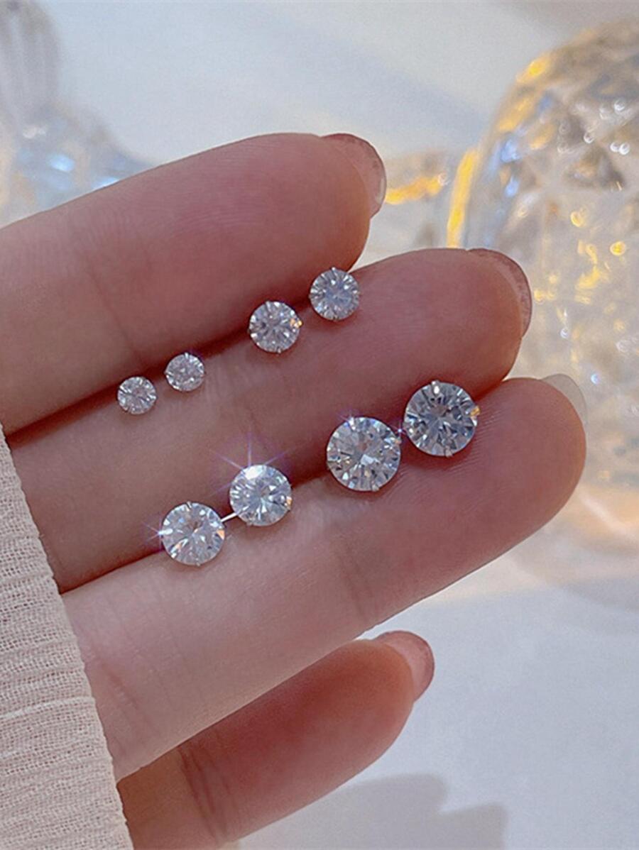 4對男女通用銅製和超閃耀方形鋯石耳針 - 銀色 - 查看 1