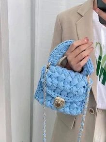 azul Bolso de ganchillo de moda con solapa con cadena con tira Bolso cartera - Azul - Ver 1