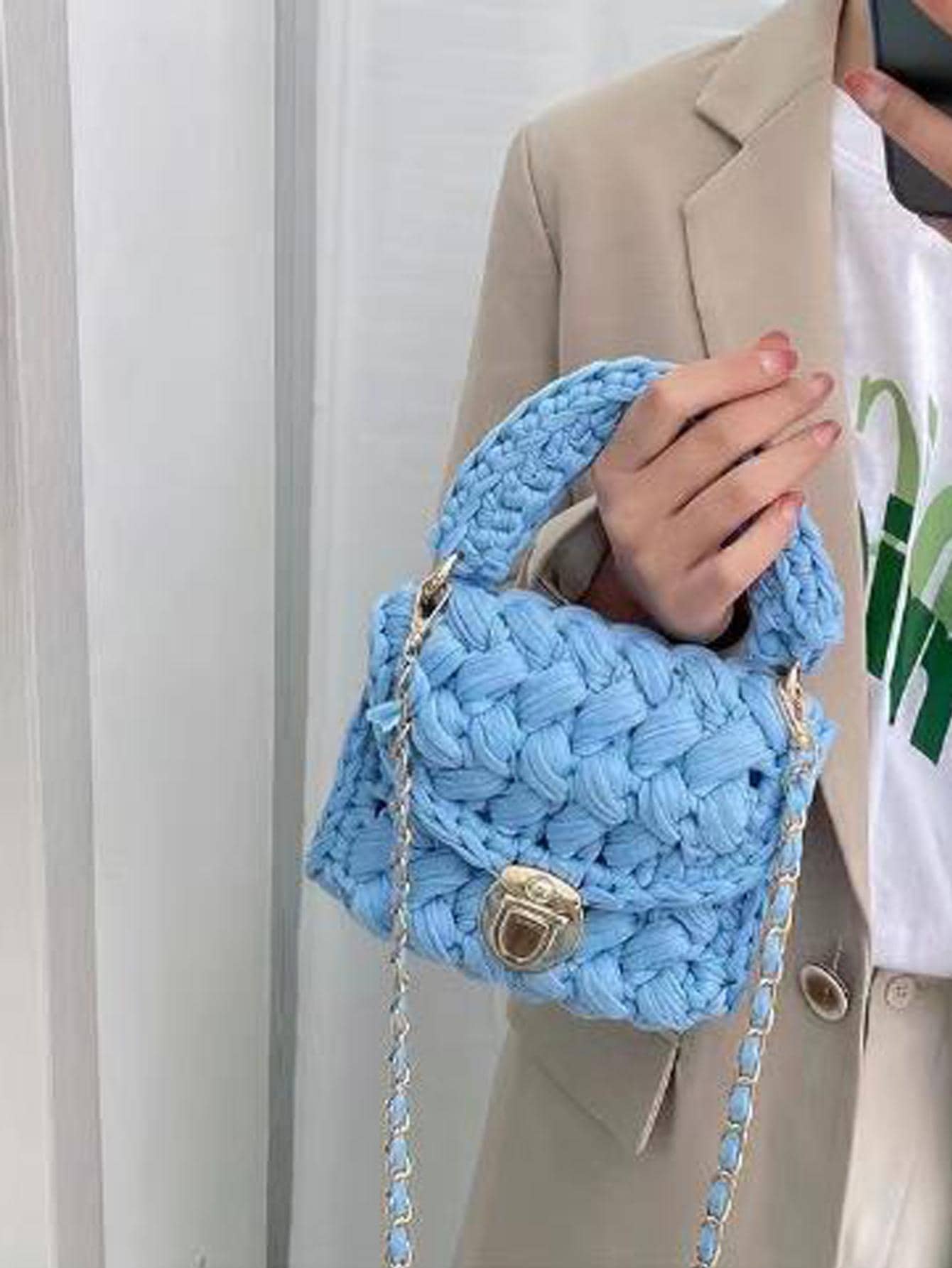 azul Bolso de ganchillo de moda con solapa con cadena con tira Bolso cartera - Azul - Ver 1