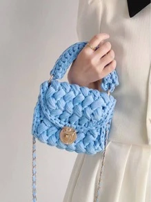 azul Bolso de ganchillo de moda con solapa con cadena con tira Bolso cartera - Azul - Ver 3