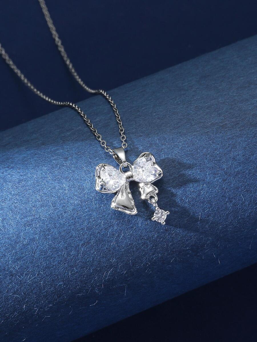 Vòng cổ mặt dây chuyền hình nơ đính đá Zirconia - Bạc - Xem 1