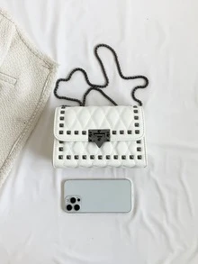 Fashionable Diamond Grid Stitching Mini Shoulder Bag With Chain & Rivet Decoration For Women - White - View 3