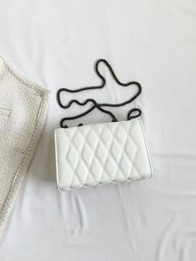 Fashionable Diamond Grid Stitching Mini Shoulder Bag With Chain & Rivet Decoration For Women - White - View 4