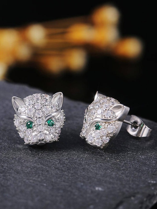 Cubic Zirconia Decor Leopard Design Stud Earrings