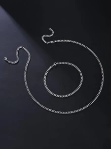 1套裝男士嘻哈極簡手鏈和項鍊,不銹鋼鏈條首飾套裝 - 銀色 - 查看 2