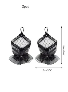 蝴蝶結裝飾蕾絲露指手套 - 黑色 - 查看 3