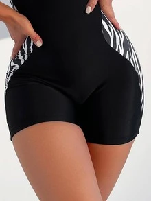 Zebra Striped Print Racer Backless One Piece Swimsuit Summer - Black - View 4