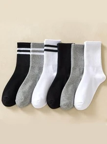 6 Pairs Women's Mid-Calf Two Bars Simple And Versatile Socks In Black, White And Gray, Fall - Multicolor - View 1