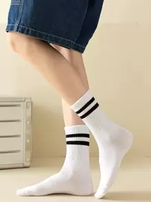 6 Pairs Women's Mid-Calf Two Bars Simple And Versatile Socks In Black, White And Gray, Fall - Multicolor - View 3