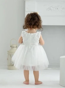 Baby Girls' Princess 3d Floral Sleeveless Short Dress Suitable For Weddings, Birthday Parties, Summer - White - View 2