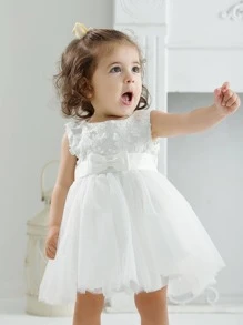 Baby Girls' Princess 3d Floral Sleeveless Short Dress Suitable For Weddings, Birthday Parties, Summer - White - View 5