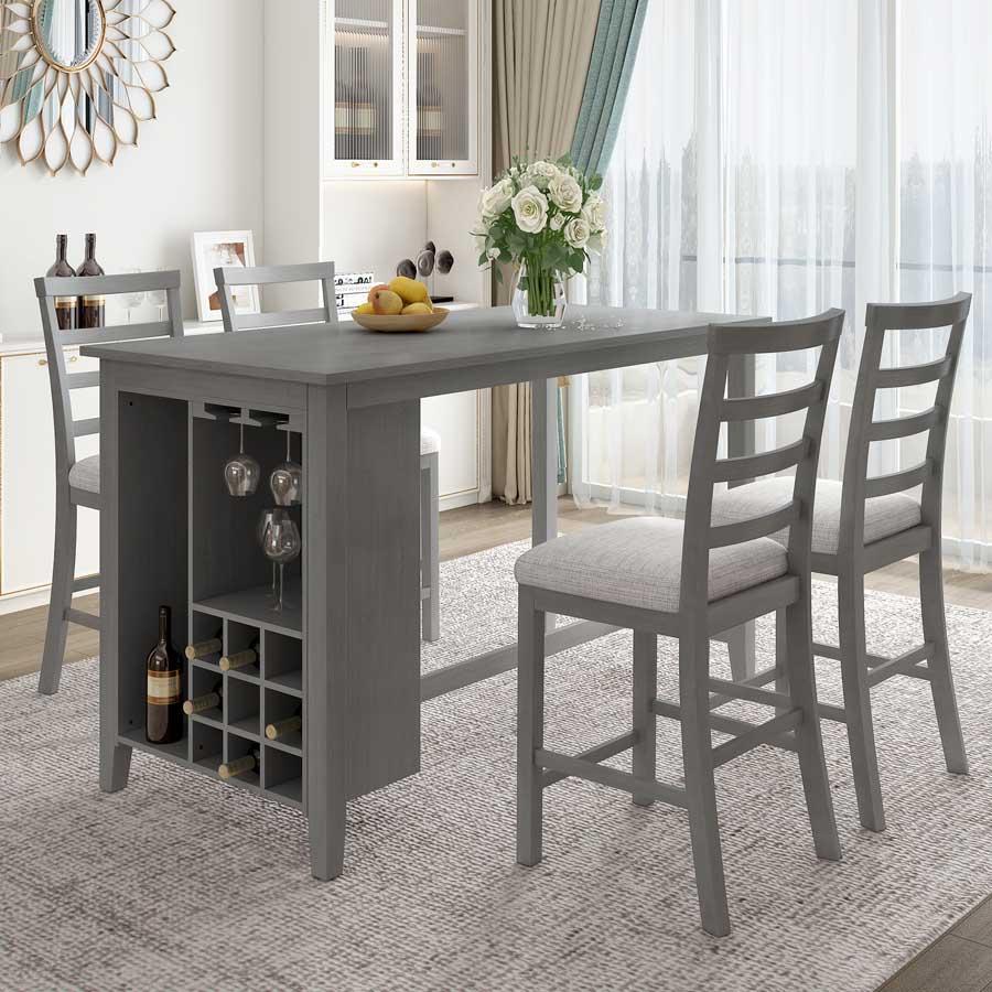 MERAX 5-Piece Multi-Functional Rubber Wood Counter Height Dining Set With Padded Chairs And Integrated 9 Bar Wine Compartment, Wineglass Holders For Dining Room - Grey - View 1