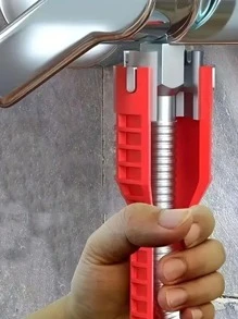 5合1多功能沖洗槽扳手，洗臉盆水龍頭管道工具扳手，英式鑰匙修理桶式扳手工具 - 紅色 - 查看 1