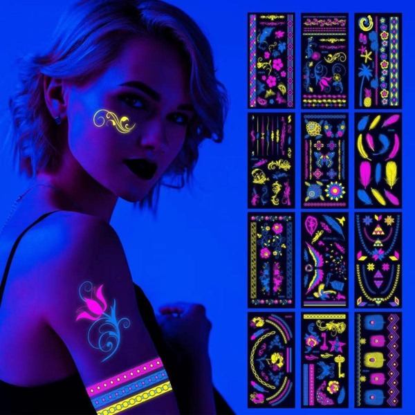 3 piezas/1 pieza Tatuajes temporales fluorescentes con diseño de flores para el brazo, calcomanías de tatuajes impermeables para el brazo, adecuados para festivales de música, fiestas, bares, decoración diaria