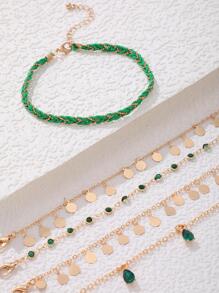 imoli 5pcs/Set Fashionable Braided Detail Rhinestone Decor Round Charm Anklet For Women For Dating Gift - Green - View 9