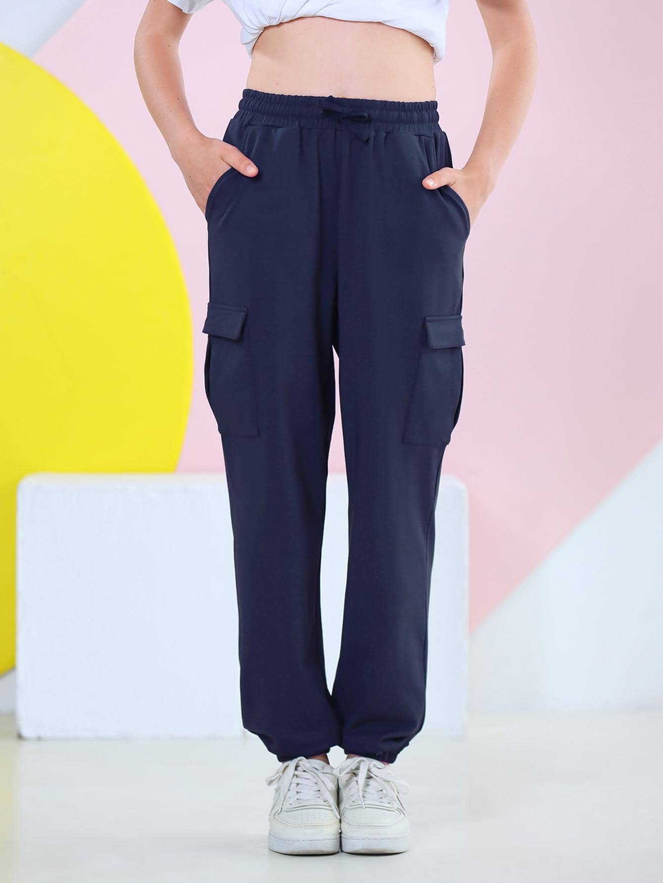 女大童腰部抽繩側翻蓋口袋工裝褲 - 藏蓝色 - 查看 1