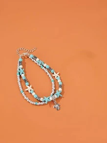 1pc Vintage Western Style Multi-Layer Turquoise, Seashell, Starfish, Pearl Beaded Anklet, Unisex Summer Beach Resort Accessory