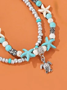 1pc Vintage Western Style Multi-Layer Turquoise, Seashell, Starfish, Pearl Beaded Anklet, Unisex Summer Beach Resort Accessory