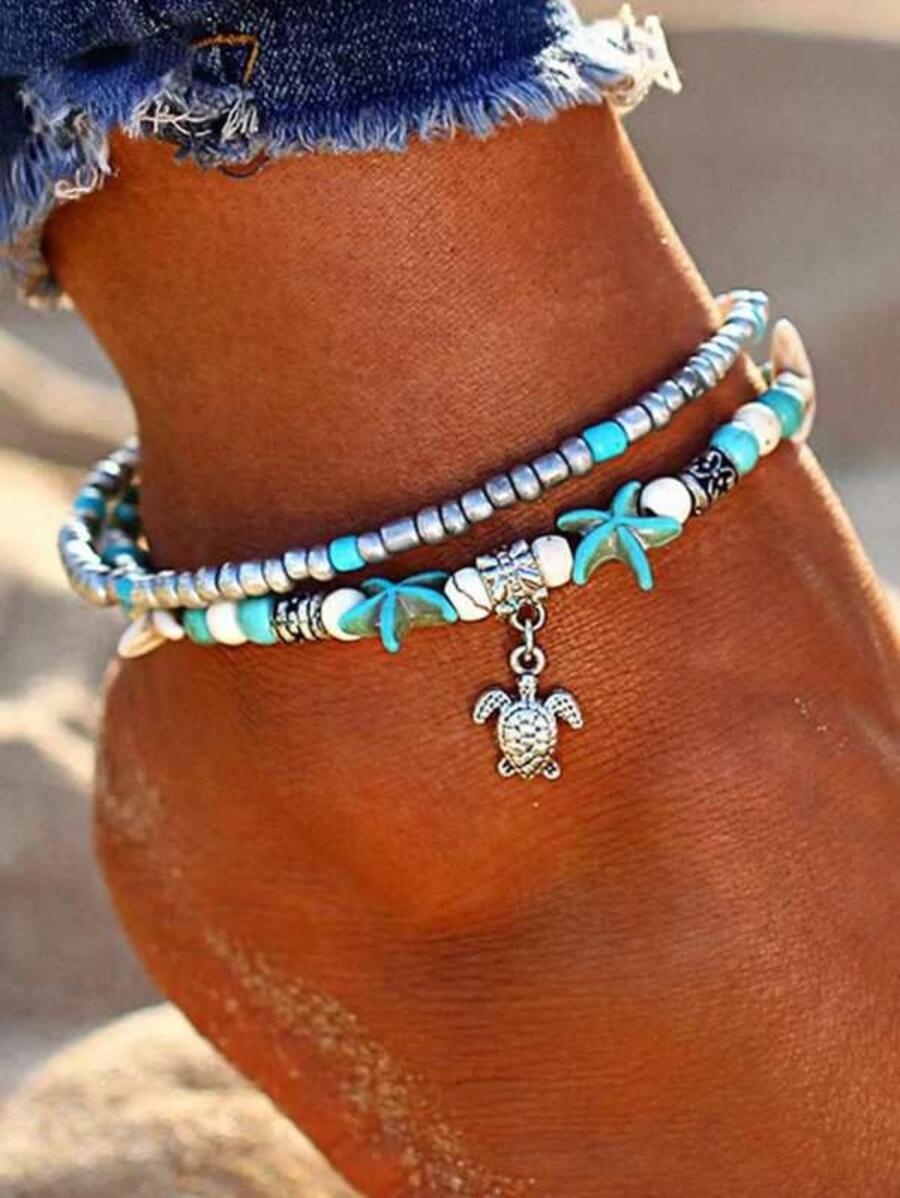 1pc Vintage Western Style Multi-Layer Turquoise, Seashell, Starfish, Pearl Beaded Anklet, Unisex Summer Beach Resort Accessory