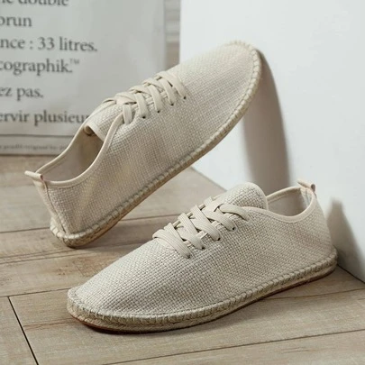 Men Lace Up Espadrille Loafers, Casual Beige Linen Flat Shoes