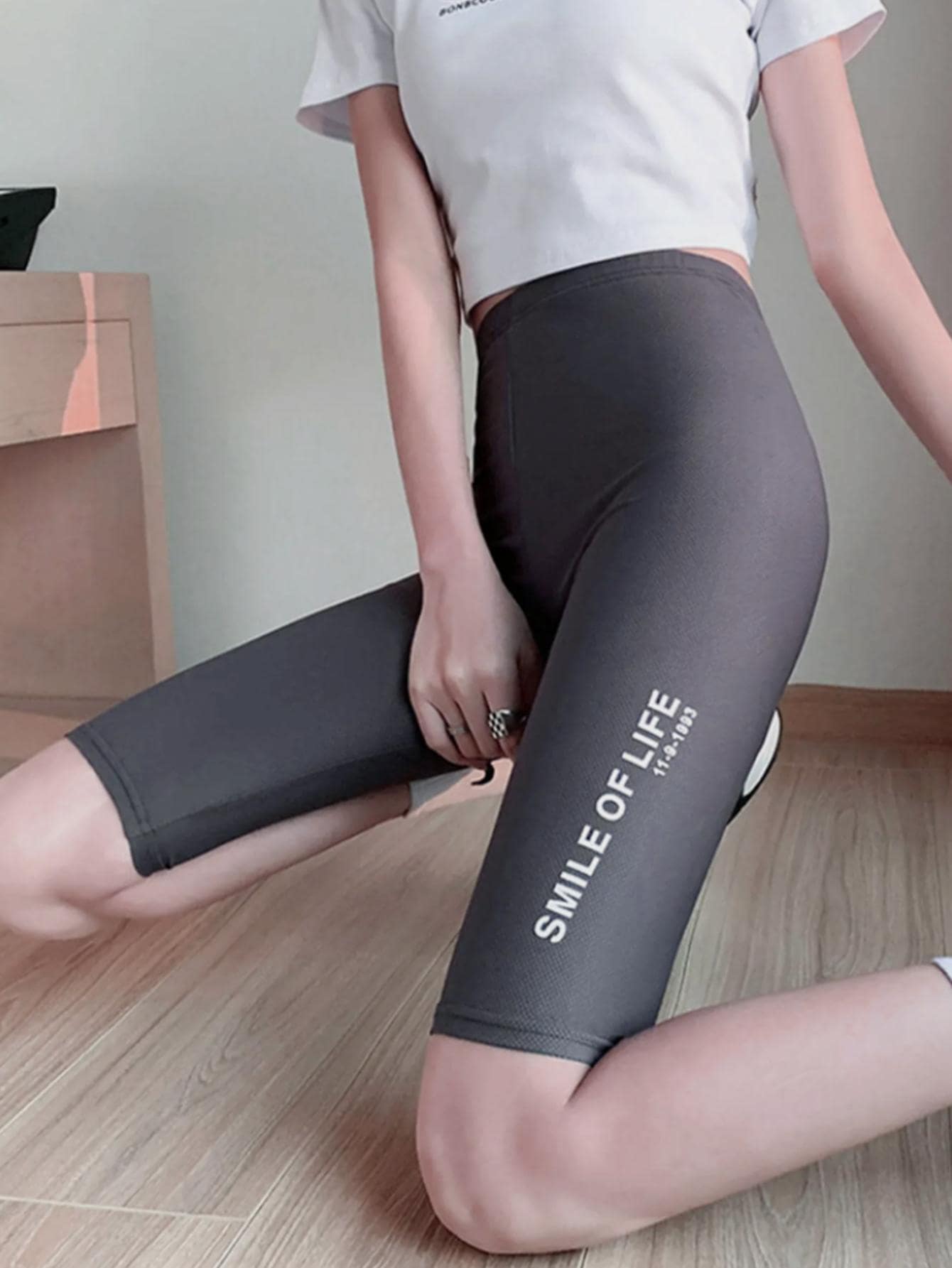 Letter Graphic Biker Shorts - Grey - View 1